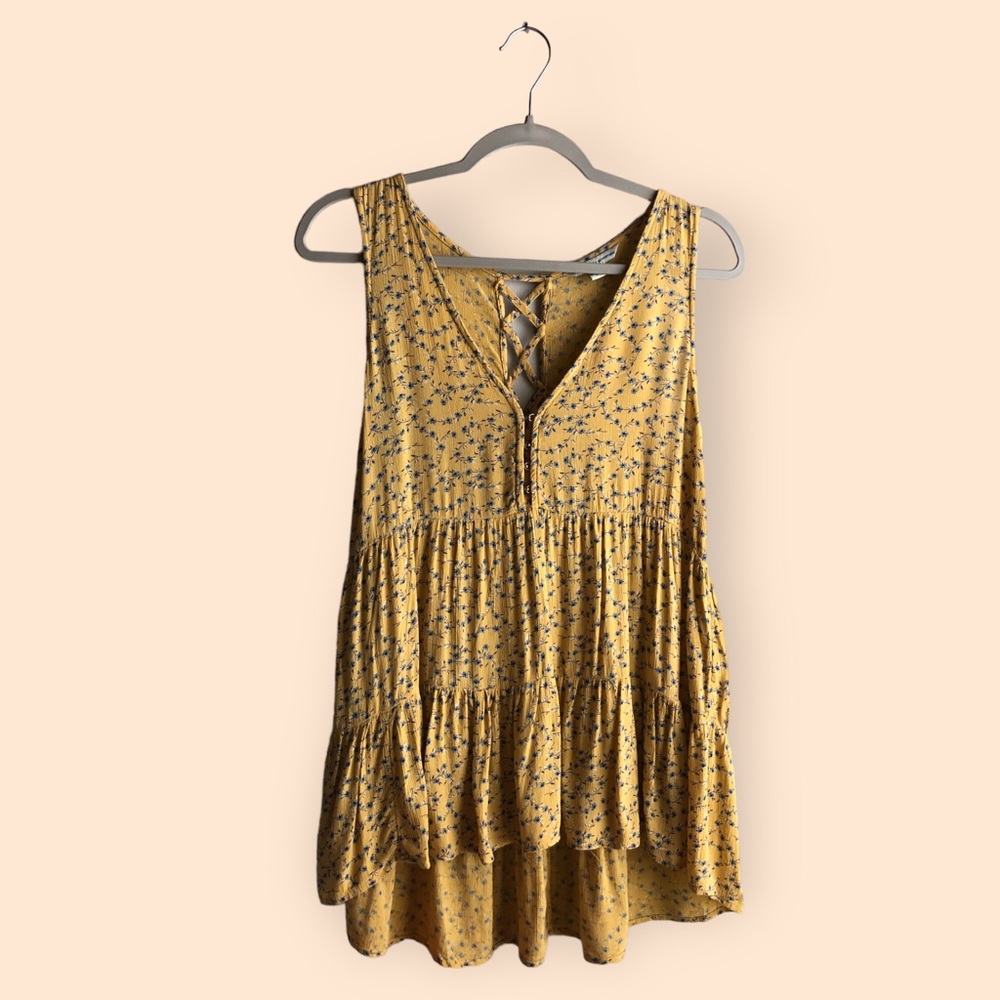 American Eagle Outfitters Ditsy Floral Tiered Ruffle Summer Criss Cross Tank S